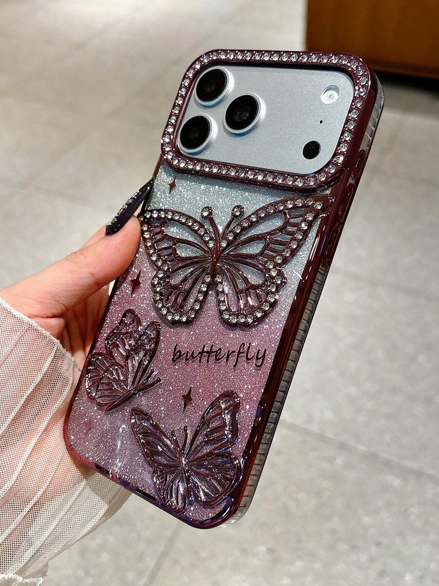 Premium New Gradient Glitter Electroplated 3D Rhinestone Butterfly Full Coverage Shockproof Phone Case Compatible With IPhone 16 Pro Max 17/17 Pro/17 Pro Max - Burgundy - View 1