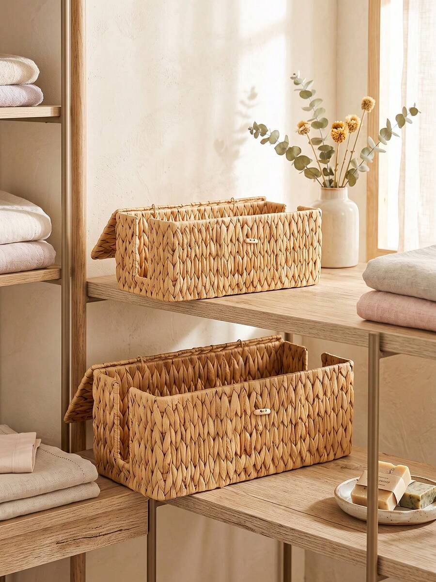 2pcs/1pc Handwoven Rattan Cable Organizer Boxes With Lids, Openwork Storage Baskets For Hiding Wires, Cords, Ropes At Home And Office, Floor Decor, Organizers