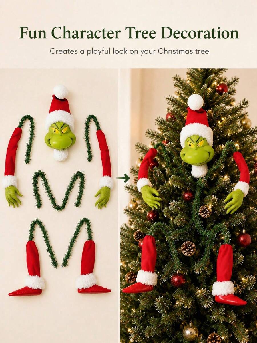 The Grinch The The Christmas Tree Decorations, FunHoliday Decor Set With Character Head, Arms AndLegs Design, Creative Christmas Tree Topper, SuitableFor Party Display, Holiday Seasonal Decor, Unique GiftChoice For Friends And Family - Multi-color - View 1