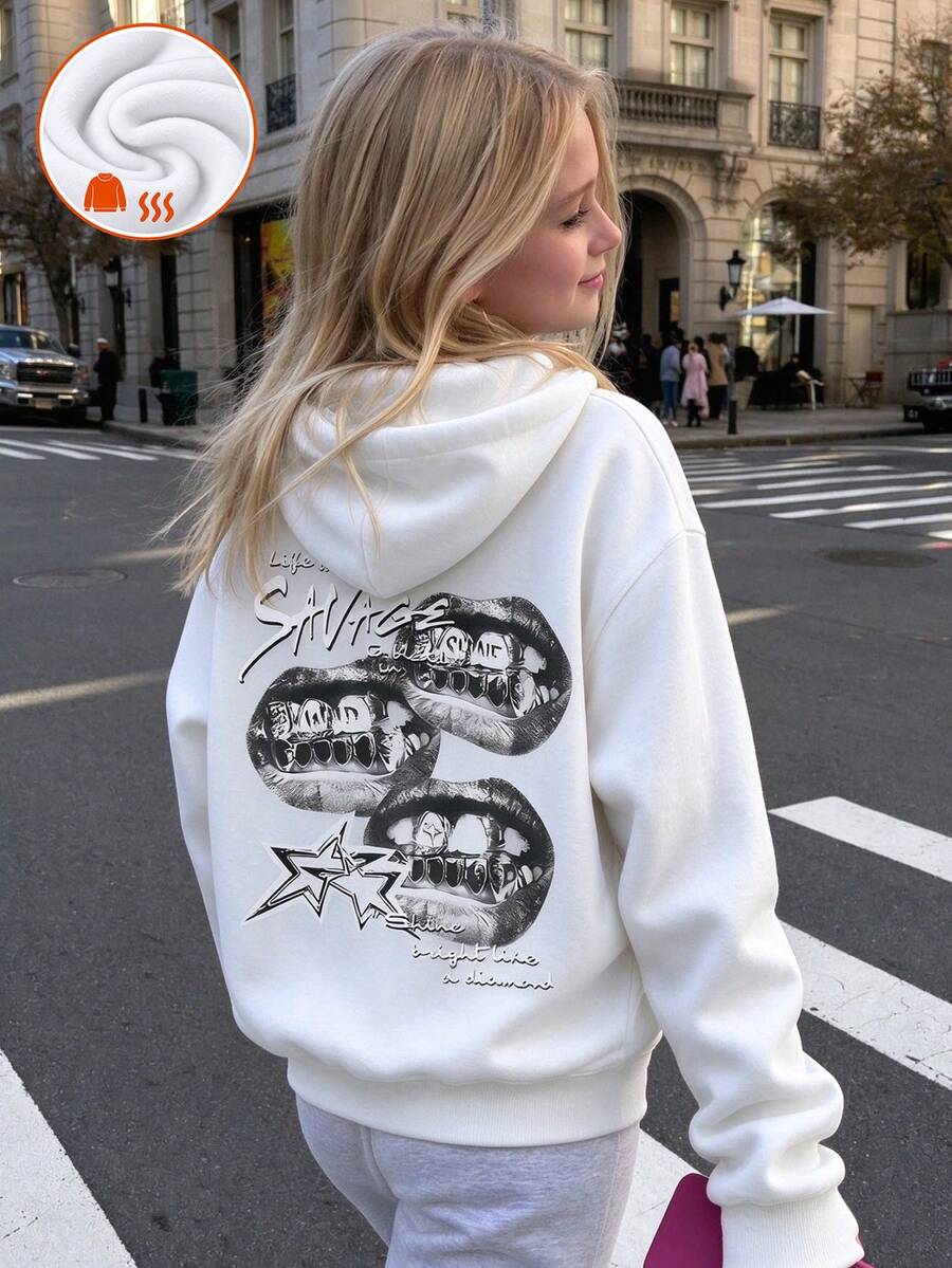 1pc Tween Girl Thermal Lined Hooded Sweatshirt, Warm Winter Student Clothing, Suitable For Children, Long Sleeve Top For Autumn/Winter - White - View 1