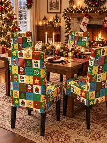1pc Christmas Stretch Dining Chair Cover, Spandex Full Chair Slipcover, Colorful Patchwork Plaid Print With Cute Teddy Bears, Christmas Trees, Stars, Bows & CUTE Lettering, High Back Chair Protector For Kitchen, Dining Room, Xmas Party Decor - B - View 3