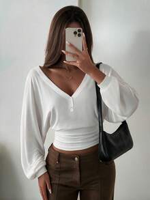 Women's White Knit V-Neck Long Sleeve Button-Up Top, Medium Stretch Regular Fit, Comfortable For Winter Wear - White - View 8