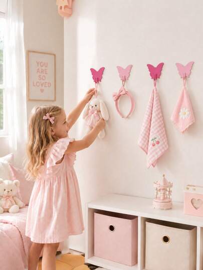 4pcs Pink Butterfly Decorative Wall Hooks, No-Drill Hanging Hooks, Perfect For Girls Room Decor