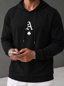 Men's Black Hooded Long Sleeve T-Shirt, Spring/Autumn, Chest Ace Of Spades Letter Print, Drawstring Hood Casual Top - Black - View 4