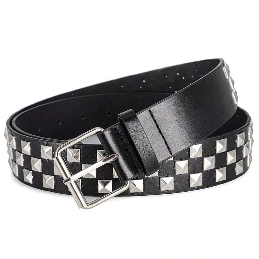 1pc Punk Style Metal Rivet Belt, Casual Daily Wear Adjustable Waist Belt Diamond Grid Street PU Leather Punk Style Metal Rivet Belt All Season - Multicolor - View 1