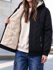 Women's Hooded Padded Jacket With Warm Lining, Embossed Outer Layer With Lock-Fleece Technology To Prevent Filling Leakage, Thick Lamb Fleece Lining For Heat Retention, Full Zip Front With Drawstring Hood, Ribbed Cuffs And Hem For Wind Protection And Warmth, Side Zipper Pockets For Secure Storage, Loose Drop Shoulder Fit Suitable For All Body Types, Versatile For Commuting And Autumn/Winter Outings, Easily Create A Casual Street Style - Black - View 1