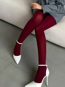1 Pair Women's Burgundy Thick Opaque Warm High Elastic Slim Fit Tights, Autumn/Winter - Multicolor - View 6