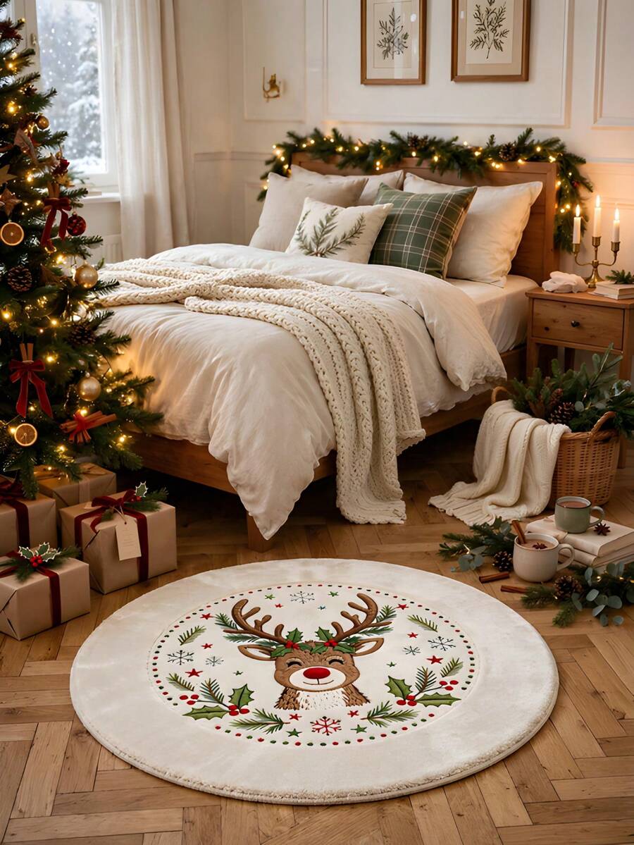 1pc, Washable Non-Slip Christmas Reindeer Round Velvet Decorative Rug, Non-Slip Bottom With Soft And Delicate Surface Texture, Cute Red-Nosed Reindeer With Holly And Snowflake Christmas Element Design, Suitable For Bedroom Bedside, Living Room Corner, Study, Dressing Room And Other Living Scenes, Christmas Scene Decoration Item, Holiday Soft Furnishing Product, Rugs, Carpet, Christmas Rug, Christmas Gift/Decor, Rugs Living Room, Bedroom Rug, Carpet Living Room, Kitchen Mat, Kitchen Rug, Hallway Runner - Multicolor - View 1