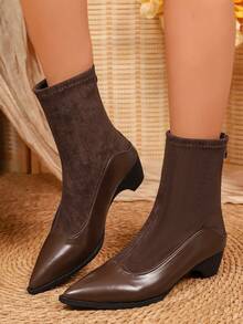Women's Ankle Boots And Ankle Boots, Elastic Patchwork Slimming Fitted Style, Pointed Toe Mid-Low Heel, Solid Color, Suitable For Office Commute, Weekend Date, Daily Shopping, Autumn/Winter Women's Ankle Boots, Skinny Boots - Brown - View 4
