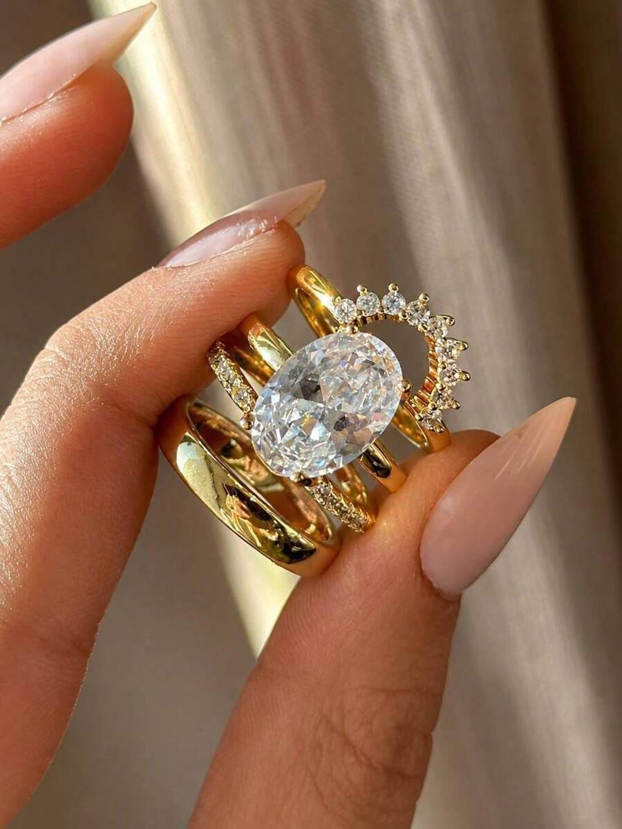 4pcs Versatile Gold Oval Cubic Zirconia Rings Set, Suitable For Daily Wear, Formal Events, Can Be Worn Alone Or Stacked, Also Suitable As Gifts - Gold - View 1