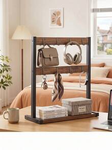 Freestanding Entryway Organizer With 16 Hooks, Vintage Industrial Coat & Hat Rack With Bottom Shelf, Metal & Wood Grain Storage Stand For Hallway, Christmas New Year Gift - Multicolor - View 3