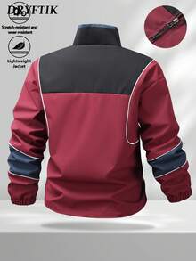 Men's American Retro Colorblock Stand Collar Windbreaker Jacket, Contrast Split Line Design, Spring/Autumn Casual Commute Sports Versatile Zip-Up Jacket - Red - View 2