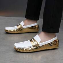 Men's Contrast Color Shiny Penny Loafers, Soft Elastic Breathable Non-Tiring Anti-Slip Driving Moccasins, Luxury Versatile Party Commute Loafers - Gold - View 5