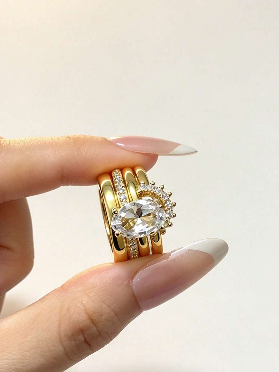 Women 18K Gold Plated Stackable Ring Set, Oval Cut Clear Cubic Zirconia Multi Open Stacking Rings, Elegant Statement Jewelry For Wedding Daily Wear - Gold - View 1