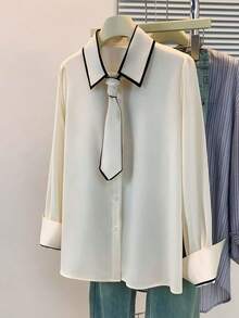 Blus Lengan Panjang Wanita dengan Detail Ikat dan Trim Kontras, Cocok untuk Kantor, Perjalanan, dan Pakaian Kasual, Musim Semi/Panas/Gugur/Dingin - Aprikot - View 3