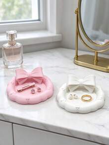 Ins Cream Style 3D Printed Bow Jewelry Storage Tray, Embossed Floral Edge Round Tray, 3D Bow Decor, Vanity Jewelry & Hair Clip Organizer, Soft Atmosphere, Girly Desktop Decor - Multicolor - View 9