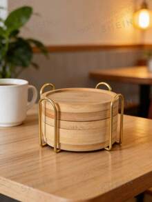 6-Pack Bamboo Coaster Set With Holder - Natural Wood Coasters Waterproof Heat-Resistant For Home/Bar/Kitchen Decor - Wood Color - View 5