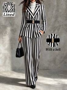 Women's Autumn/Winter High-Quality Lined Wide Stripe Print Single-Breasted Belted Long Sleeve Blazer And Loose Pants Set - Black and White - View 1