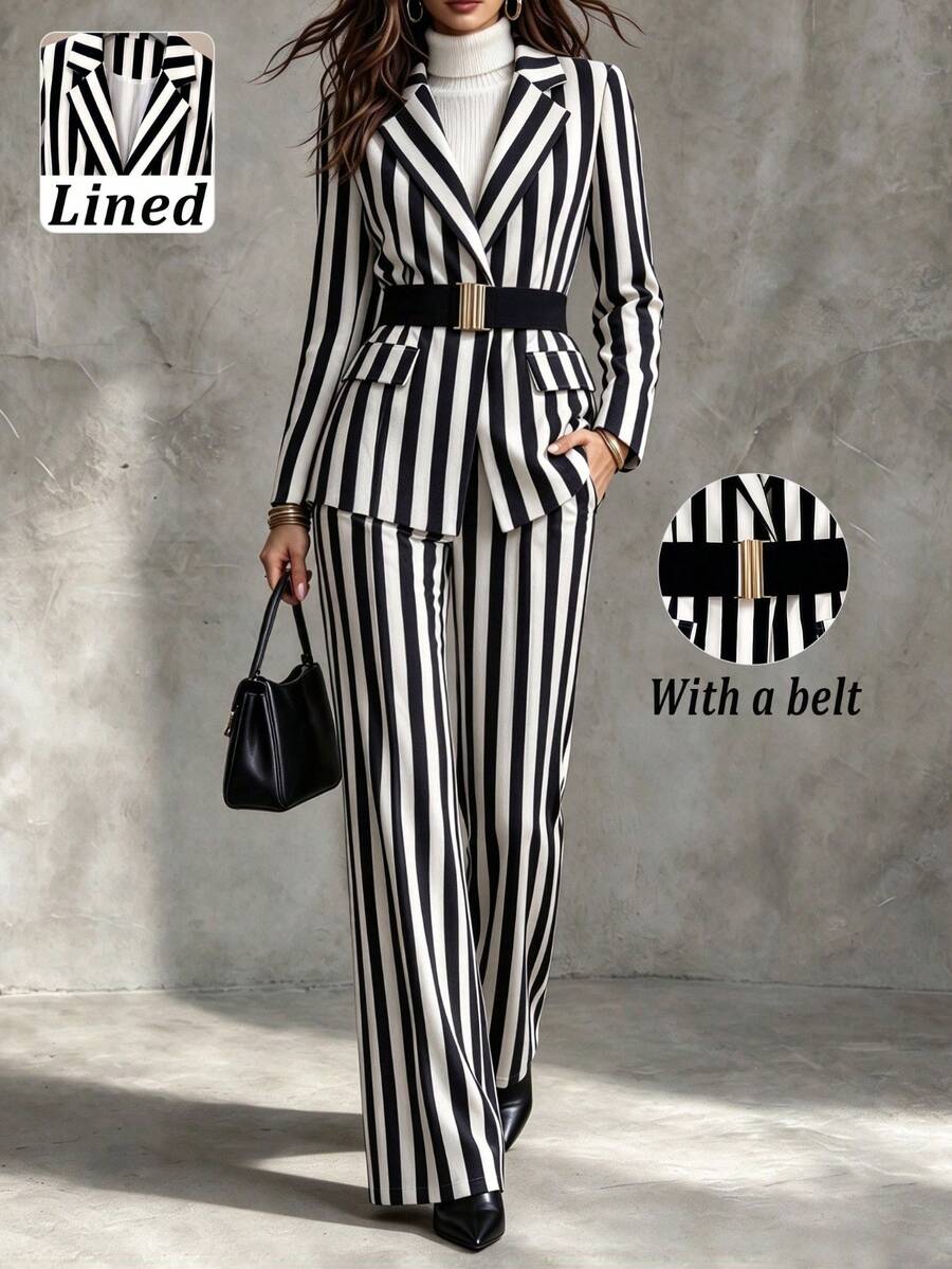 Women's Autumn/Winter High-Quality Lined Wide Stripe Print Single-Breasted Belted Long Sleeve Blazer And Loose Pants Set - Black and White - View 1