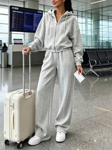 Women's Casual Grey Full Zip Hoodie And Matching Sweatpants Set, 2 Pieces Sportswear, Suitable For Daily Wear, Fabric With Slight Stretch - Grey - View 6