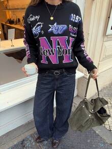 JustMiss Casual Street Style Letter Pattern Knit Sweater, Long Sleeve Pullover Top Suitable For Autumn/Winter - Black - View 6