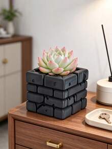 Artistic Building Block Planter, Creative Brick Wall Appearance, 3D One-Piece Printed, Unique Design Full Of Fun. Square Pot Body, Suitable For Planting Succulents And Aloe Vera, Minimalist Color Scheme Fits Various Home Decor Styles, Greenery And Ornament Two-In-One. - Multicolor - View 3