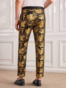 Officeau Men's Gold Foil Embellished Formal Trousers, Straight Leg Pants For Stage Performance, Party - Gold - View 2