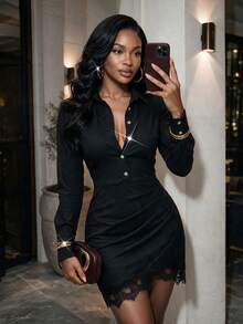 Women Fall Black Shirt Collar Bodycon Mini Dress, Long‑Sleeve Rhinestone Buttons Ruched Waist Lace Trim Hem Dress For Party Halloween Date Work - Black - View 1