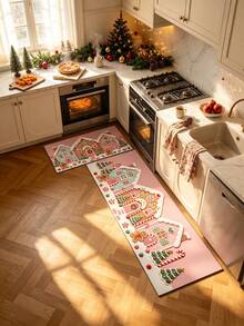 1/2pcs Christmas Kitchen Decor Rugs, Christmas Gingerbread Man Pattern Design Winter Kitchen Rugs And Mats, Non-Slip Washable Absorbent Kitchen Accessories Decorative Mats, Christmas Holiday Gifts! - Multicolor - View 3