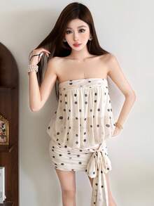 Top Dazzle Fashionable Women's Knitted Strapless Bodycon Dress Polka Dot Pattern, Sleeveless, And Short Length For A Chic Look - Apricot - View 7