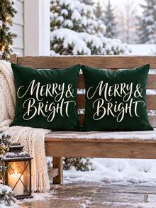 Christmas Pillow Covers 2pcs Solid Green MERRY & BRIGHT Artistic Text Sofa Cushion Covers Pillow Inserts Not Included - Multicolor - View 6