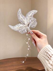 White Tulle Feather Pearl Rhinestone Hair Clip, Bridal Wedding Tassel Long Side Hair Accessory - Multicolor - View 5