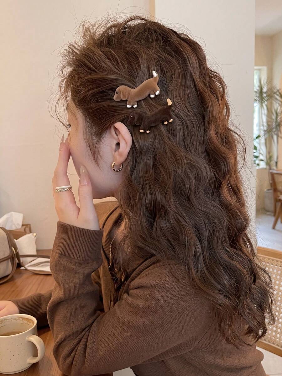 2pcs/Set Autumn/Winter Plush Puppy Side Clips, Exquisite Small Hair Clips, Bangs Side Hair Alligator Hair Clips, Straight Clips Hair Accessories - Multicolor - View 1
