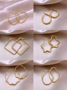 4/8 Pieces Women Vintage Inspired Exaggerated Round Textured Stainless Steel Hoop Earrings Random Pack, Stylish, Non Tarnish & Non-Fading - Gold - View 2