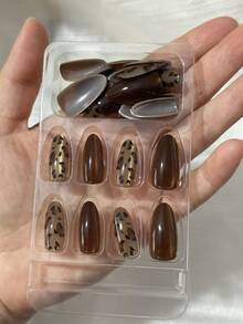 30pcs Glossy Short Oval Nail Stickers, Brown Cat Eye Leopard Print Pattern, Reusable, Nail Art Supplies For Women Nails - Brown - View 2