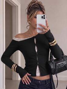 Minimalist Sexy Girl Lace Asymmetric Shoulder Asymmetrical Shoulder Long Sleeve T-Shirt Top Women Autumn Design Niche Inner Layer Base Layer Top - Black - View 2