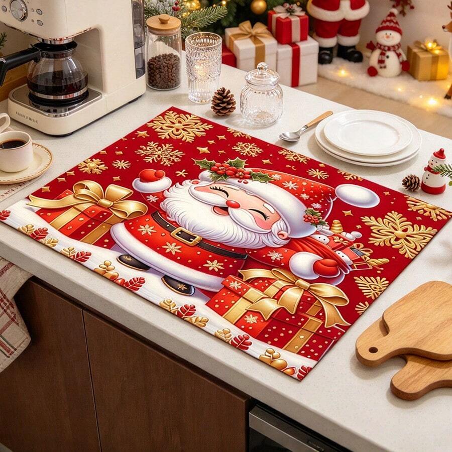 1 tấm thảm thấm nước đa năng cho máy pha cà phê và bát đĩa, màu đỏ in ông già Noel Giáng Sinh kèm bông tuyết vàng, trang trí hộp quà lễ hội, thấm hút cao, thoát nước tốt, phù hợp cho bàn ăn, quầy bar, quán cà phê và nhiều không gian khác, quà tặng gia đình, trang trí mặt bàn