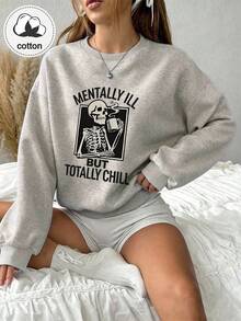 Women's Vintage Vertical Striped 3D Letter Print Crew Neck Long Sleeve Sweatshirt, Casual Top For Autumn/Winter - Light Grey - View 7