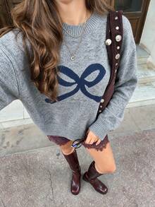 Nicenter Women's Autumn/Winter Gray Round Neck Bowknot Jacquard Knit Pullover Sweater, Dropped Shoulder Long Sleeve Loose Top, Suitable For Daily Commute And Dating - Grey - View 1