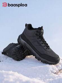 baasploa Men's Grey Anti-Slip Warm Fleece Lining Snow Boots Mid-Calf Winter Outdoor Hiking Shoes - Medium Gray/Black - View 3