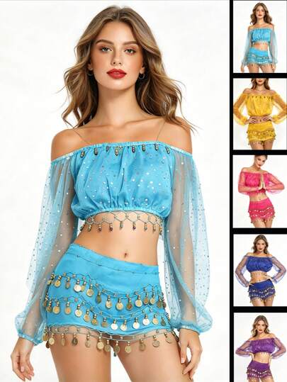 2 piezas Top corto de lentejuelas y cuentas para mujer, camisola de danza del vientre, disfraz de actuación de danza del vientre estilo bohemio para festival, falda brillante y llamativa con monedas, falda con cinturón de moda, adecuado para Navidad
