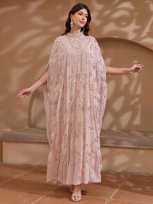 JINLICX Pink Rhinestone Embellished Stand Collar Cape Sleeve Kaftan Modest Evening Dress - Baby Pink - View 3