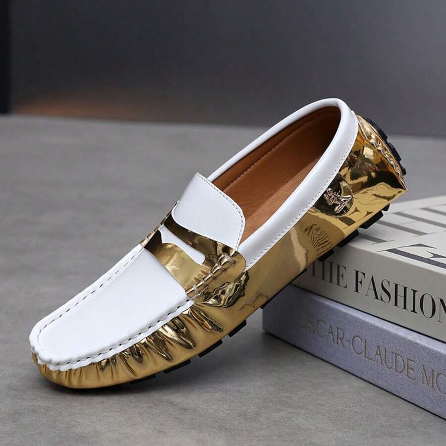 Men's Contrast Color Shiny Penny Loafers, Soft Elastic Breathable Non-Tiring Anti-Slip Driving Moccasins, Luxury Versatile Party Commute Loafers - Gold - View 1