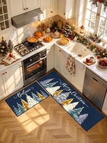 1/2 piezas Alfombra de decoración de cocina navideña, Feliz Navidad, patrón de diseño de árbol de Navidad, alfombra y tapete de cocina de invierno, antideslizante, lavable y absorbente, accesorios de decoración de cocina, ¡regalo navideño! - Multicolor - Ver 3