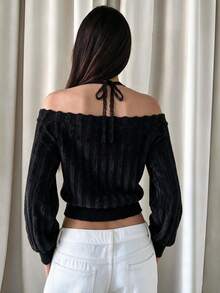 Dila Polly Women's Black Lace 2 In 1 Patchwork Casual Daily Cold Shoulder Long Sleeve Top - Black - View 6