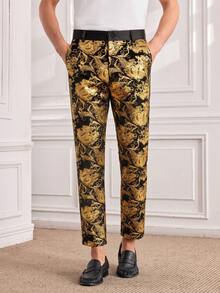 Officeau Men's Gold Foil Embellished Formal Trousers, Straight Leg Pants For Stage Performance, Party - Gold - View 1