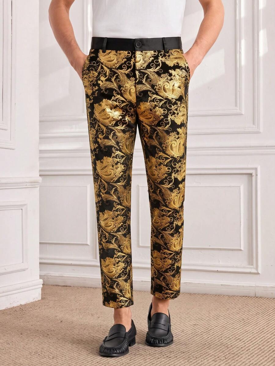 Officeau Men's Gold Foil Embellished Formal Trousers, Straight Leg Pants For Stage Performance, Party - Gold - View 1
