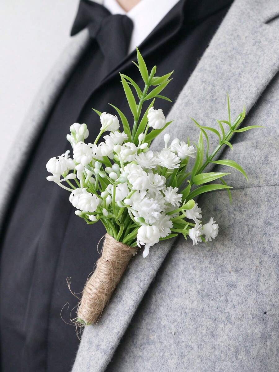 1pc Starry Wedding Chest Flower,Simple Hemp Rope Wrapped White Flower Brooch, Groom's Dress Collar Brooch,Graduation Ceremony Wedding Party Decoration - Multicolor - View 1