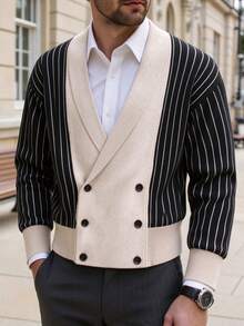 Autumn/Winter New Men's British Style Vintage Knit Striped Colorblock Cardigan Sweater - Black - View 2