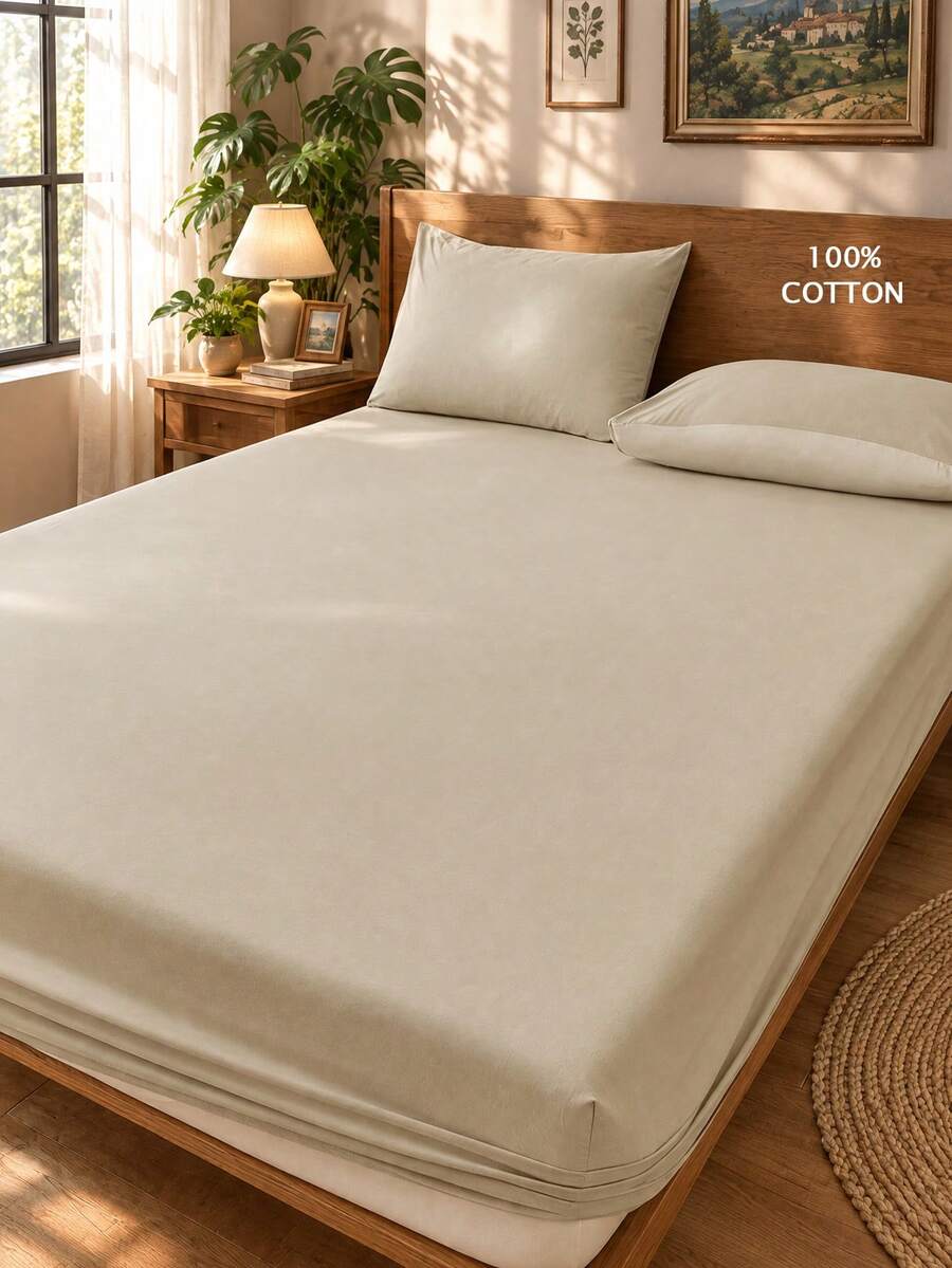 1pc 100% Pure Cotton Fitted Sheet, Yarn-Dyed Washed Cotton, Linen Texture, Suitable For 35cm Thick Mattress, Dormitory Bedding For Men And Women, Dorm Decor, Minimalist Style Bedroom Decoration - Khaki - View 1